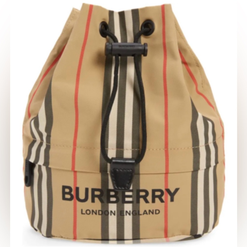 Burberry Beige and Black Striped Drawstring Bag